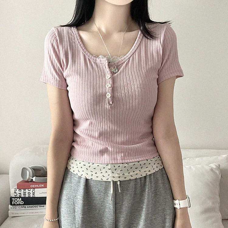 小花柄レイヤードリブ半袖Tシャツ PINK