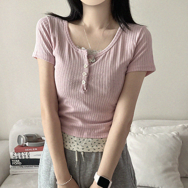 小花柄レイヤードリブ半袖Tシャツ PINK