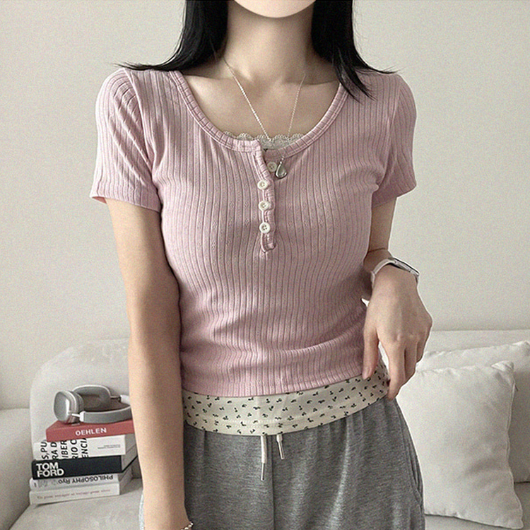 小花柄レイヤードリブ半袖Tシャツ PINK