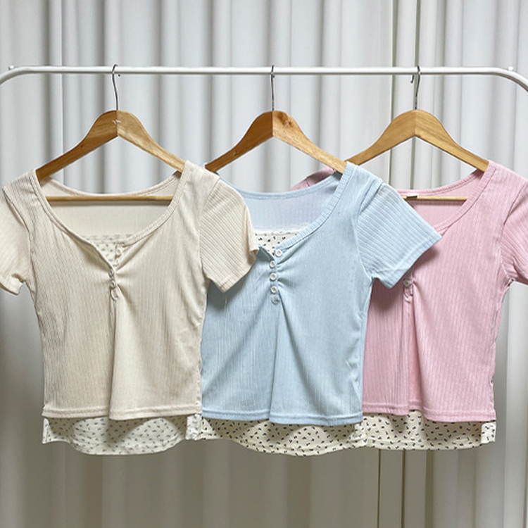 小花柄レイヤードリブ半袖Tシャツ