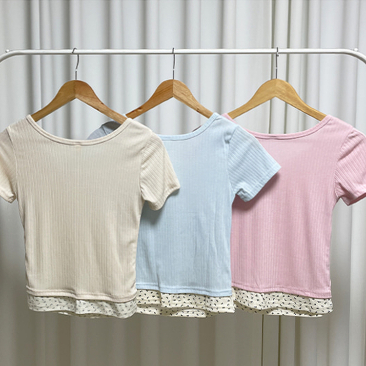 小花柄レイヤードリブ半袖Tシャツ