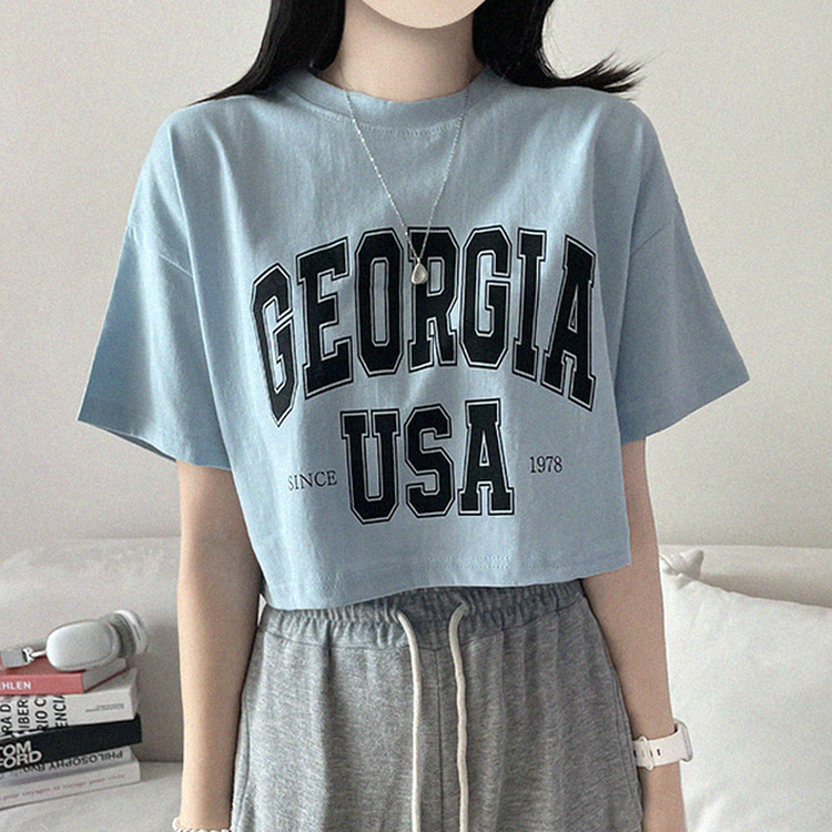 レタープリントクロップ半袖Tシャツ SKY BLUE
