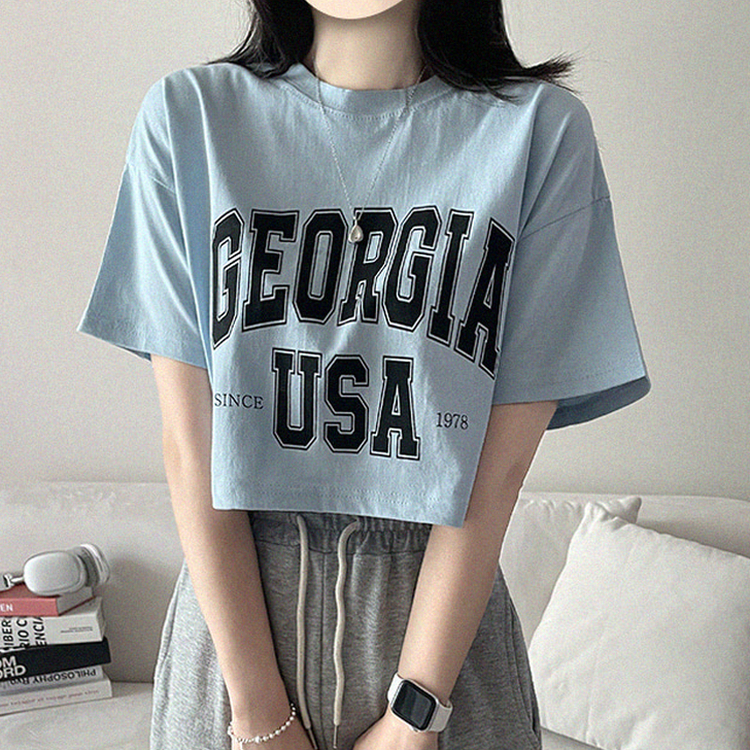 レタープリントクロップ半袖Tシャツ SKY BLUE