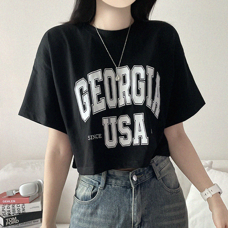 レタープリントクロップ半袖Tシャツ BLACK