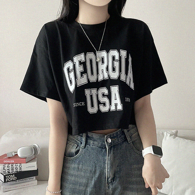 レタープリントクロップ半袖Tシャツ BLACK