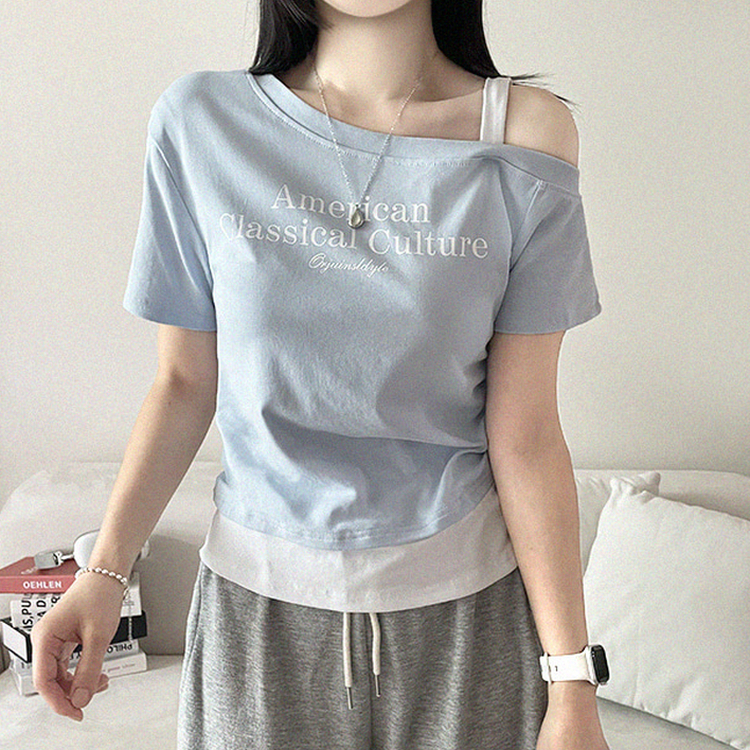 ワンショルダーレイヤード半袖Tシャツ SKY BLUE