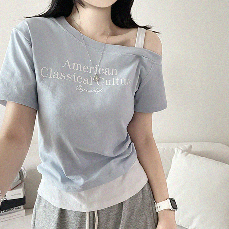 ワンショルダーレイヤード半袖Tシャツ SKY BLUE