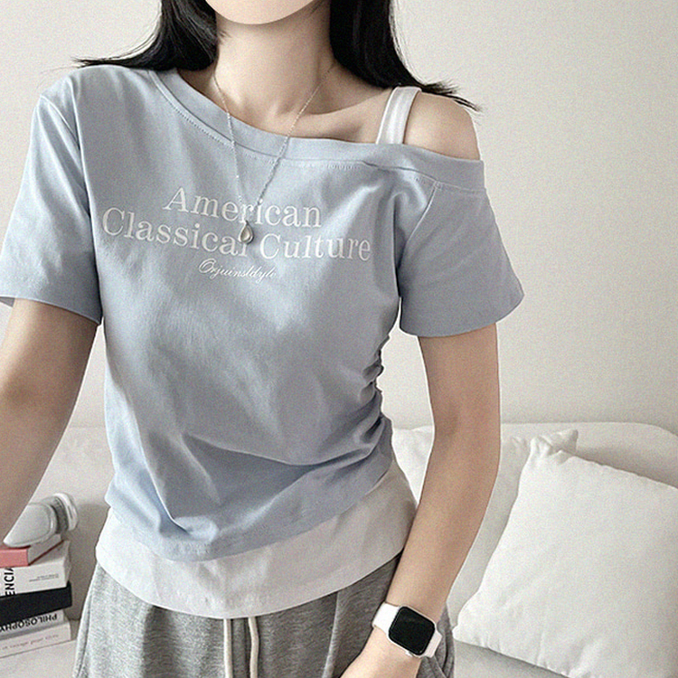 ワンショルダーレイヤード半袖Tシャツ SKY BLUE