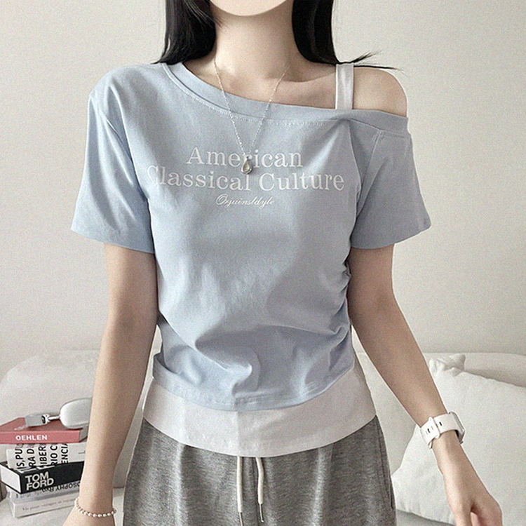 ワンショルダーレイヤード半袖Tシャツ SKY BLUE