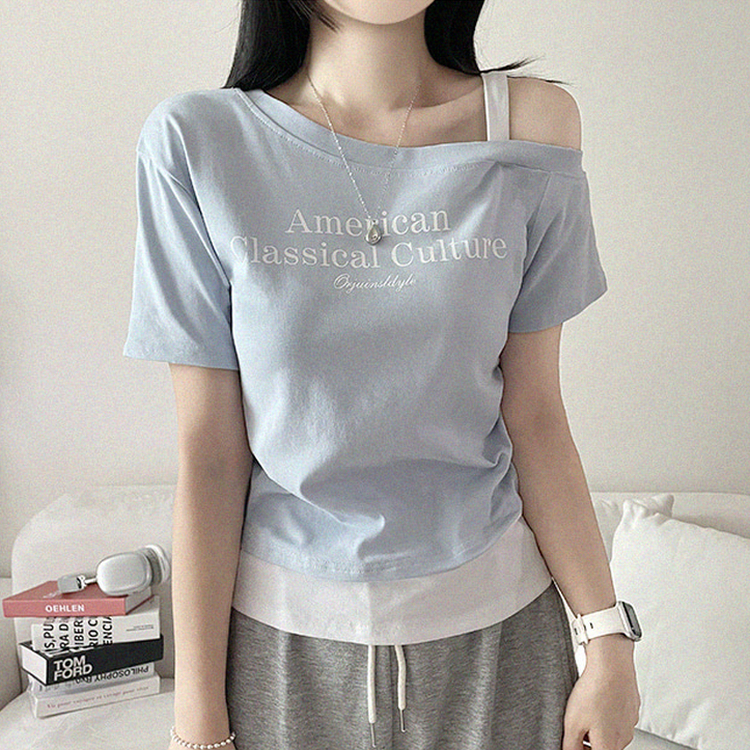 ワンショルダーレイヤード半袖Tシャツ SKY BLUE