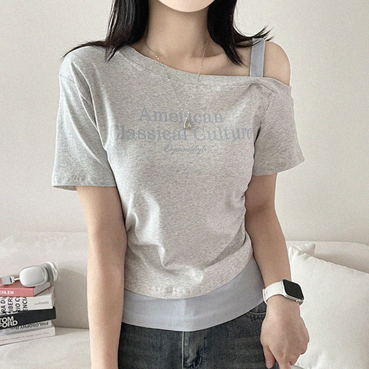 ワンショルダーレイヤード半袖Tシャツ MELANGE WHITE