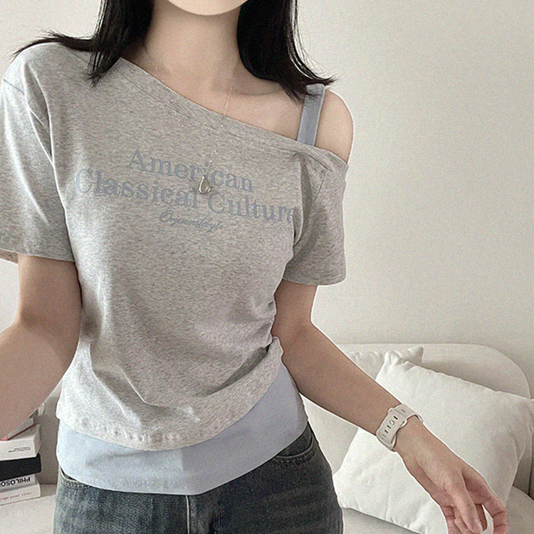 ワンショルダーレイヤード半袖Tシャツ MELANGE WHITE