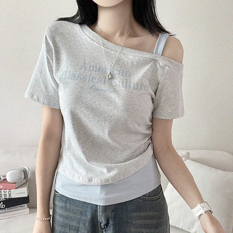 ワンショルダーレイヤード半袖Tシャツ MELANGE WHITE