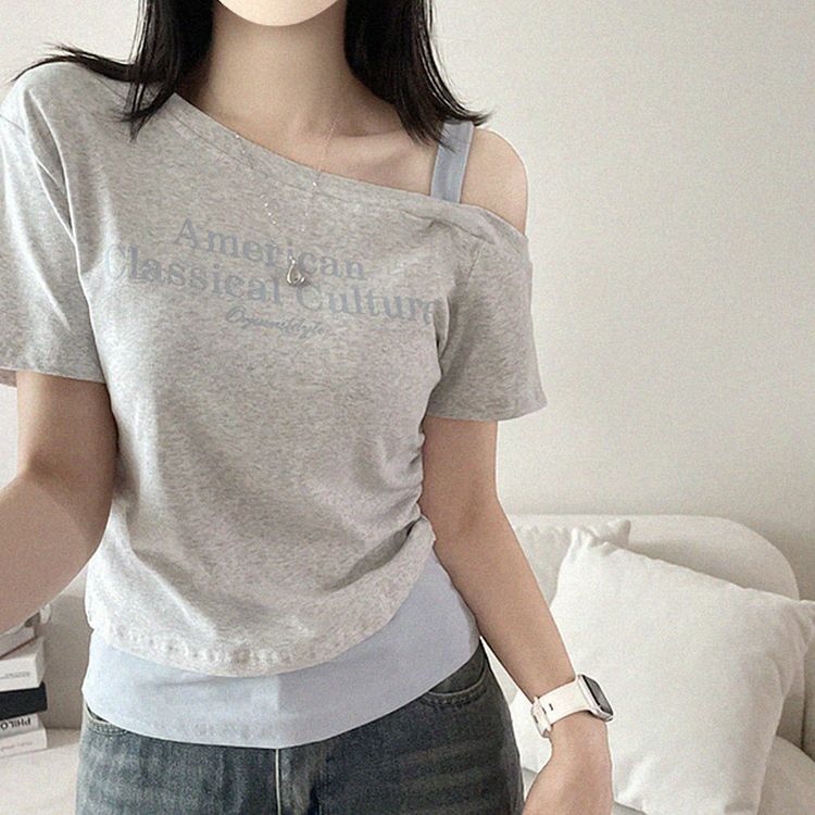 ワンショルダーレイヤード半袖Tシャツ MELANGE WHITE
