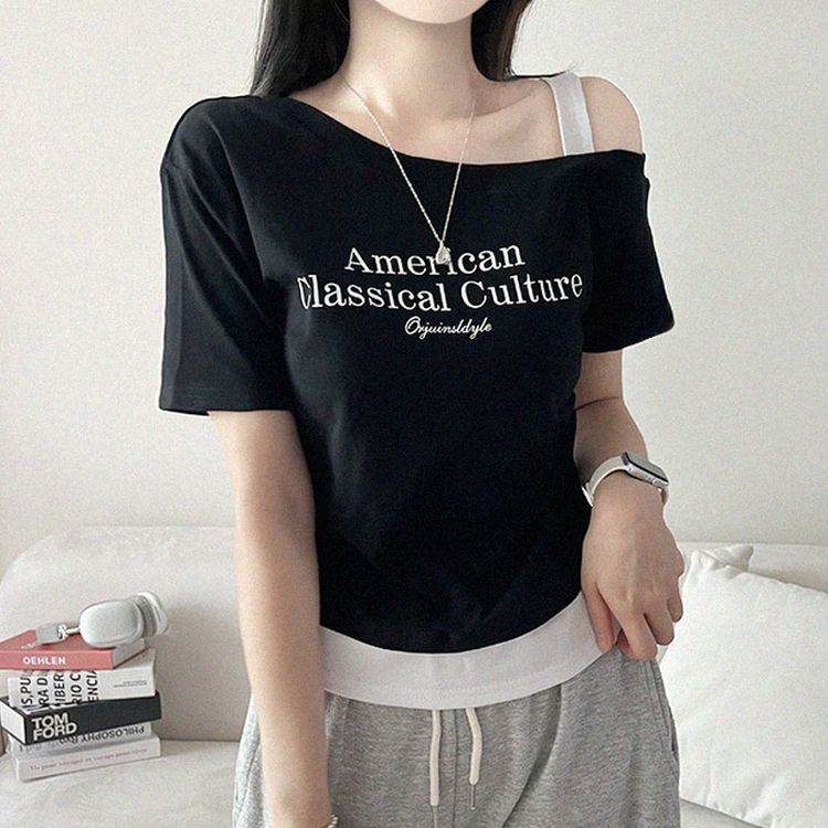 ワンショルダーレイヤード半袖Tシャツ BLACK