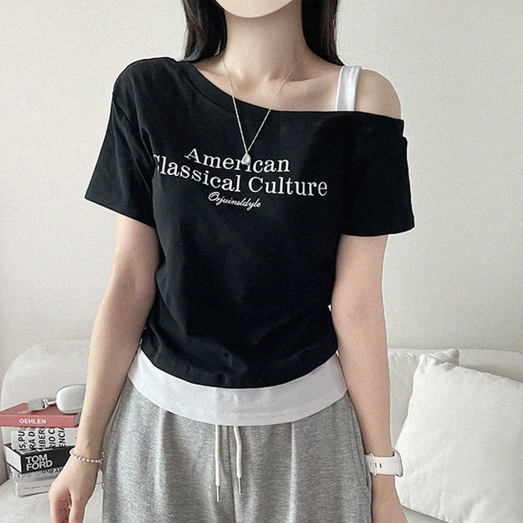 ワンショルダーレイヤード半袖Tシャツ BLACK