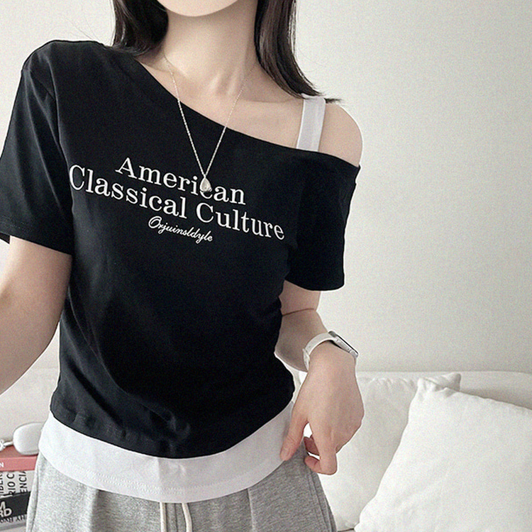 ワンショルダーレイヤード半袖Tシャツ BLACK