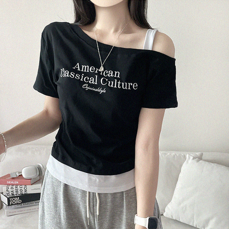 ワンショルダーレイヤード半袖Tシャツ BLACK