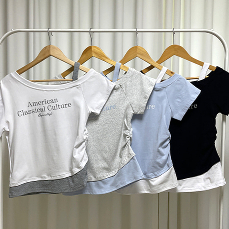 ワンショルダーレイヤード半袖Tシャツ