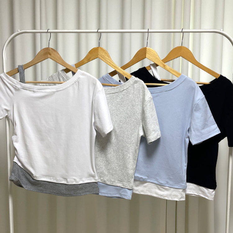 ワンショルダーレイヤード半袖Tシャツ