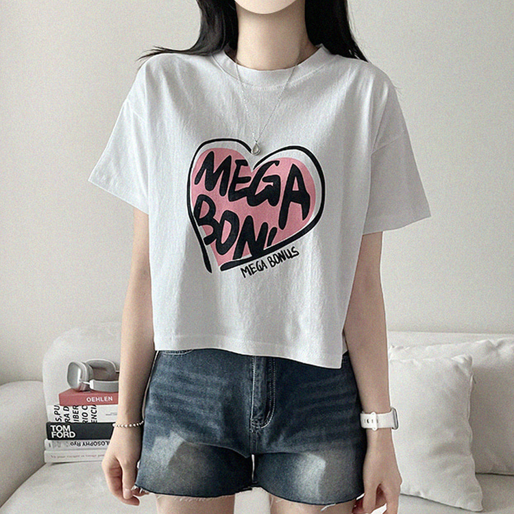 プリントラウンドネッククロップド半袖Tシャツ IVORY