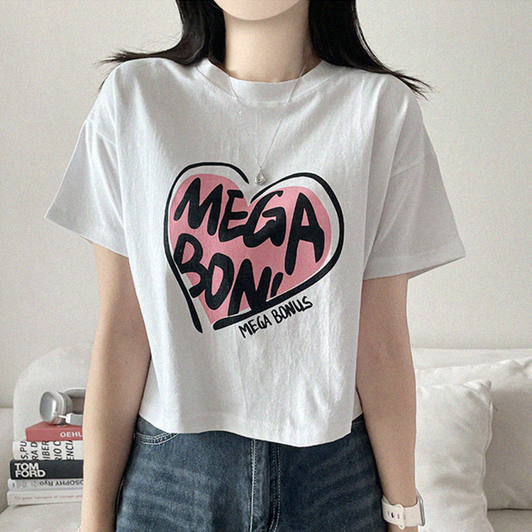 プリントラウンドネッククロップド半袖Tシャツ IVORY