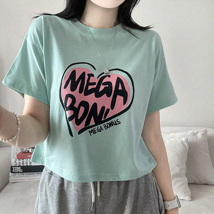 プリントラウンドネッククロップド半袖Tシャツ MINT