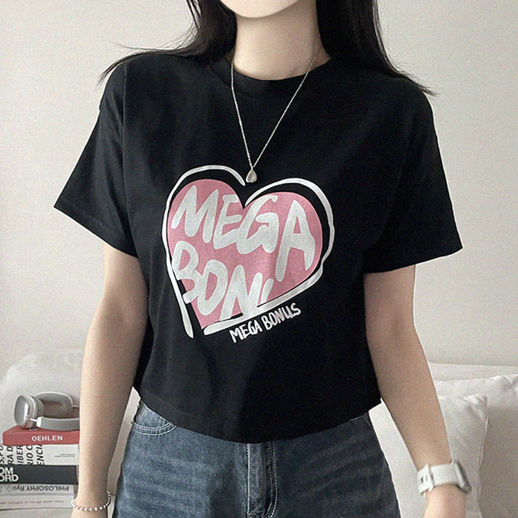 プリントラウンドネッククロップド半袖Tシャツ BLACK
