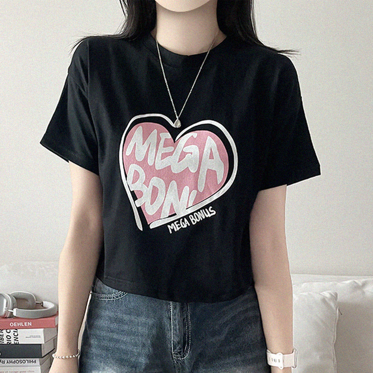 プリントラウンドネッククロップド半袖Tシャツ BLACK