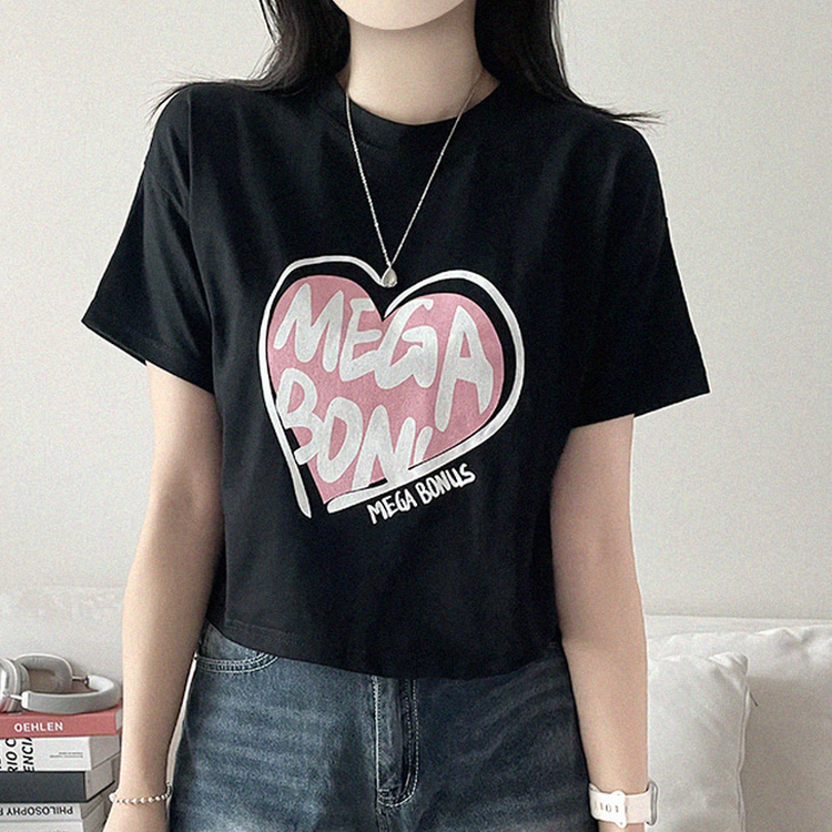 プリントラウンドネッククロップド半袖Tシャツ BLACK