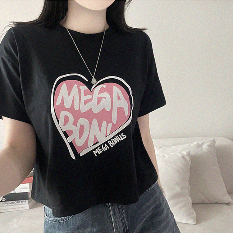 プリントラウンドネッククロップド半袖Tシャツ BLACK