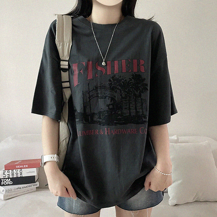 プリントオーバーサイズ半袖Tシャツ CHARCOAL