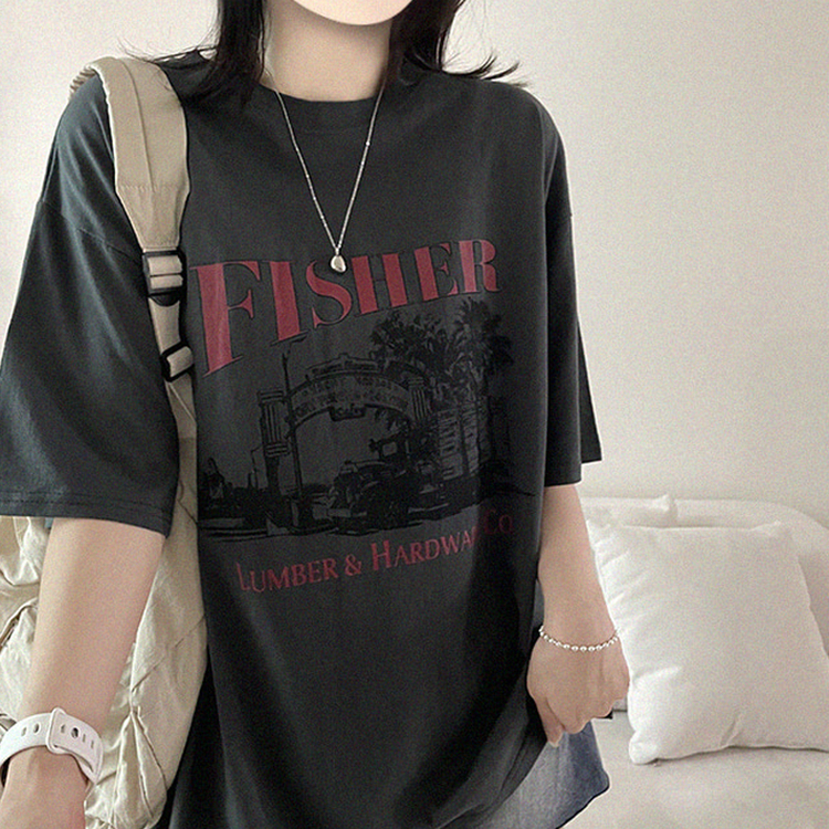 プリントオーバーサイズ半袖Tシャツ CHARCOAL
