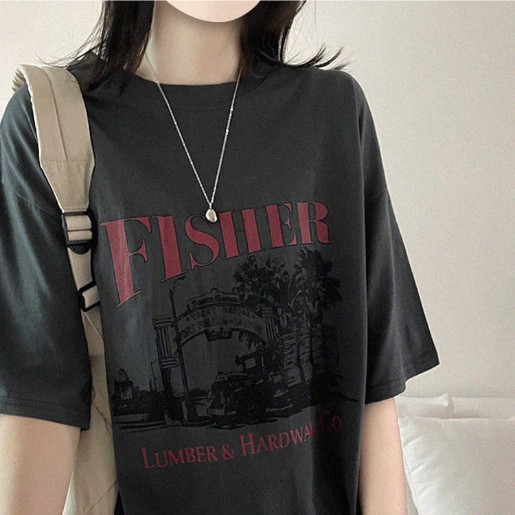 プリントオーバーサイズ半袖Tシャツ CHARCOAL