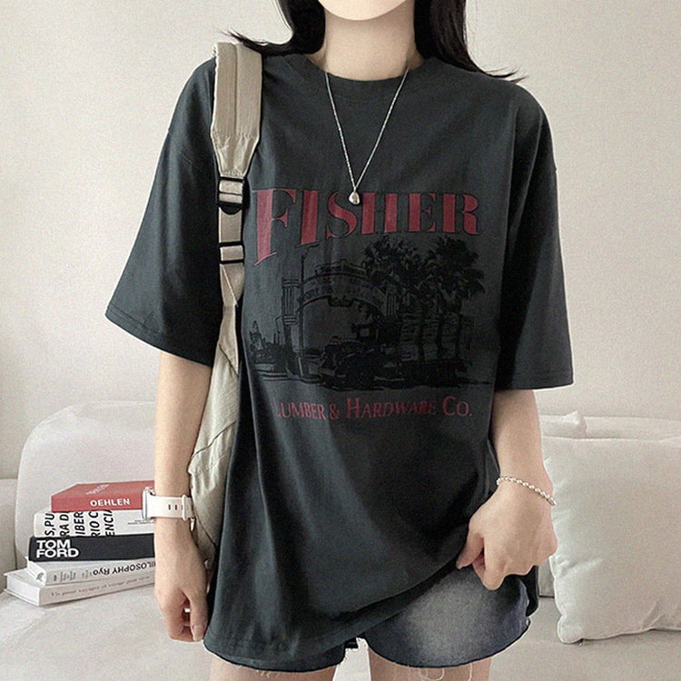 プリントオーバーサイズ半袖Tシャツ CHARCOAL