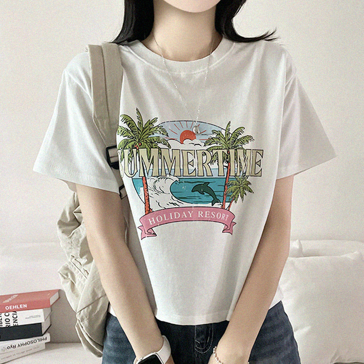 ビンテージプリントセミクロップド半袖Tシャツ IVORY