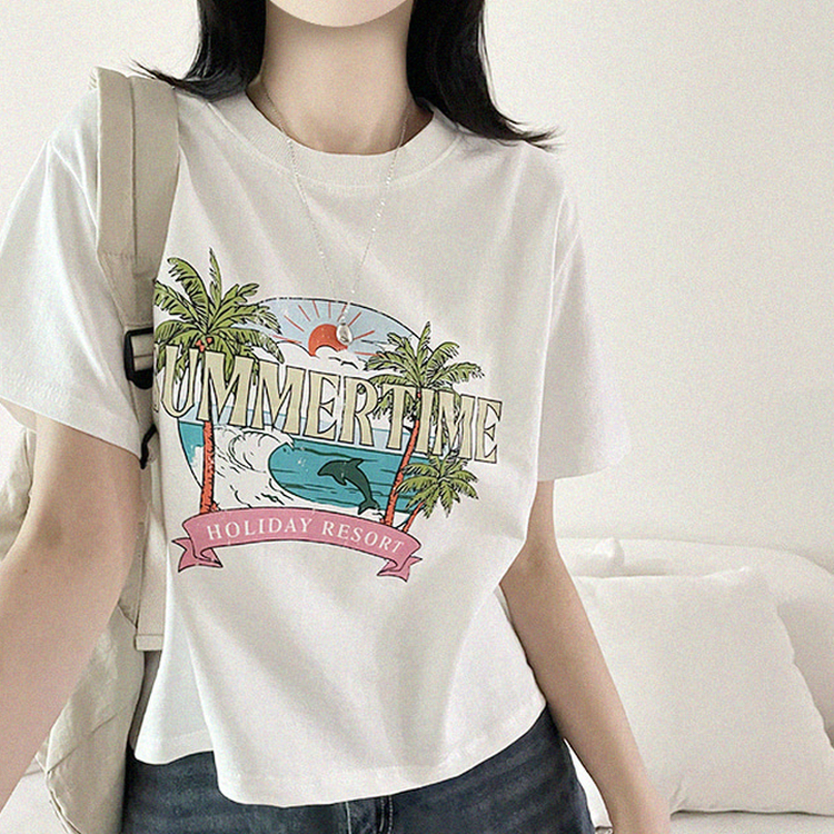 ビンテージプリントセミクロップド半袖Tシャツ IVORY