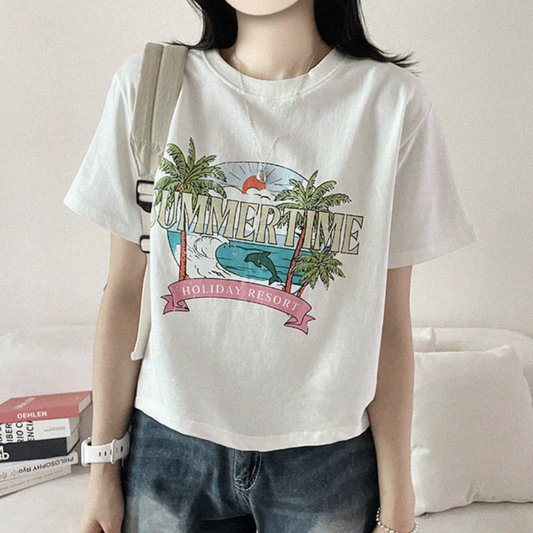 ビンテージプリントセミクロップド半袖Tシャツ IVORY