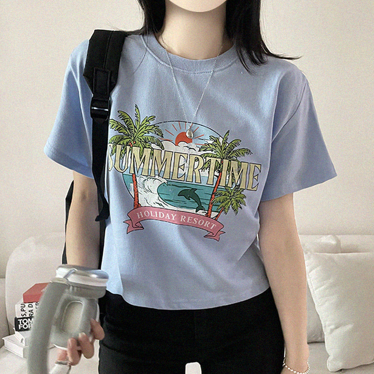 ビンテージプリントセミクロップド半袖Tシャツ SKY BLUE