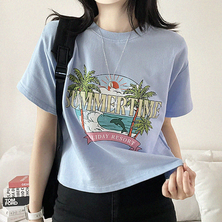 ビンテージプリントセミクロップド半袖Tシャツ SKY BLUE
