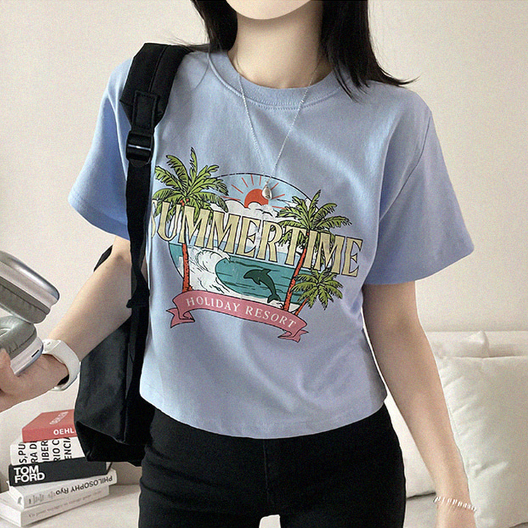 ビンテージプリントセミクロップド半袖Tシャツ SKY BLUE