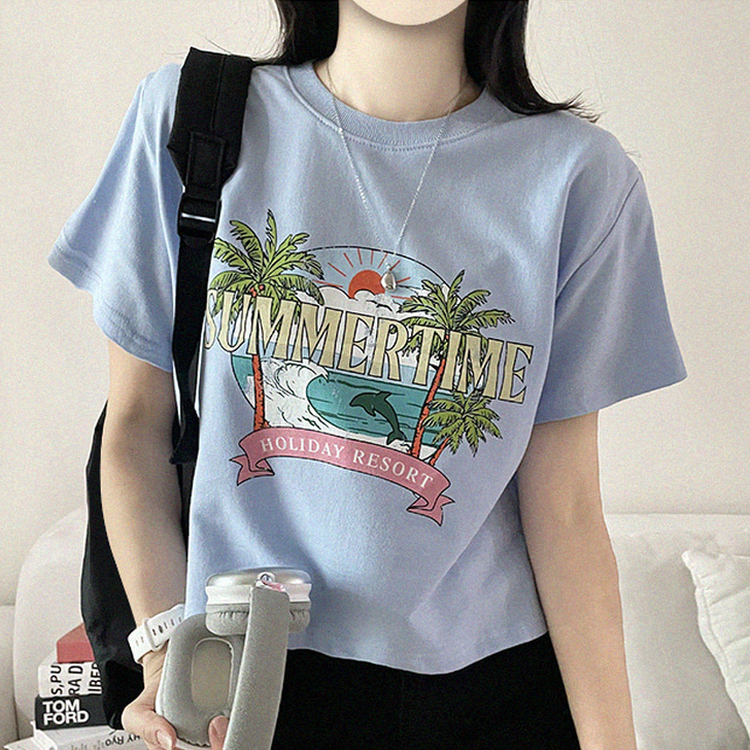 ビンテージプリントセミクロップド半袖Tシャツ SKY BLUE