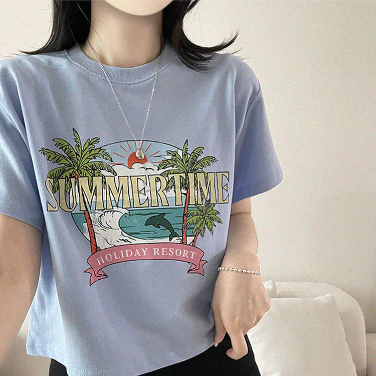 ビンテージプリントセミクロップド半袖Tシャツ SKY BLUE