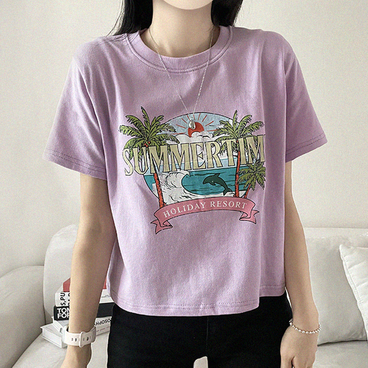 ビンテージプリントセミクロップド半袖Tシャツ PURPLE