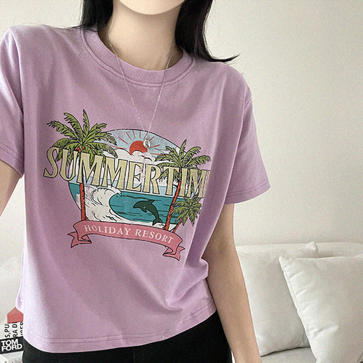 ビンテージプリントセミクロップド半袖Tシャツ PURPLE