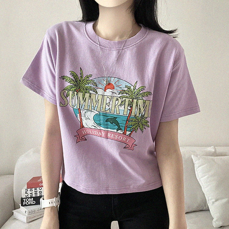 ビンテージプリントセミクロップド半袖Tシャツ PURPLE