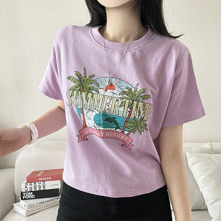 ビンテージプリントセミクロップド半袖Tシャツ PURPLE