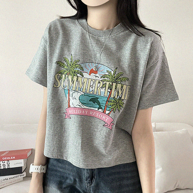 ビンテージプリントセミクロップド半袖Tシャツ GRAY