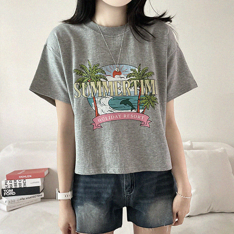 ビンテージプリントセミクロップド半袖Tシャツ GRAY