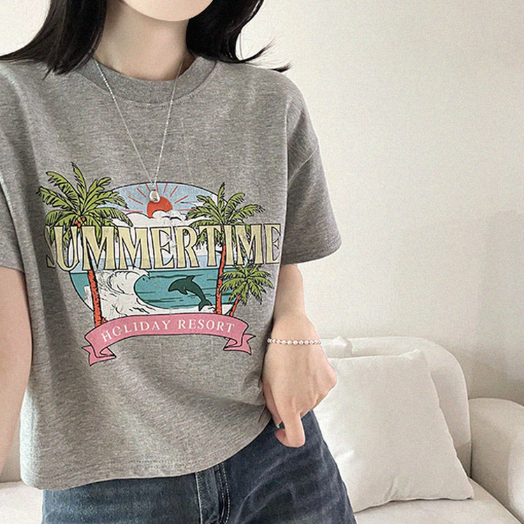ビンテージプリントセミクロップド半袖Tシャツ GRAY